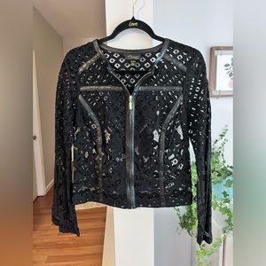 THALIA SODI Black Lace Long Bell Sleeve Front Zipper Faux Leather Trim Jacket